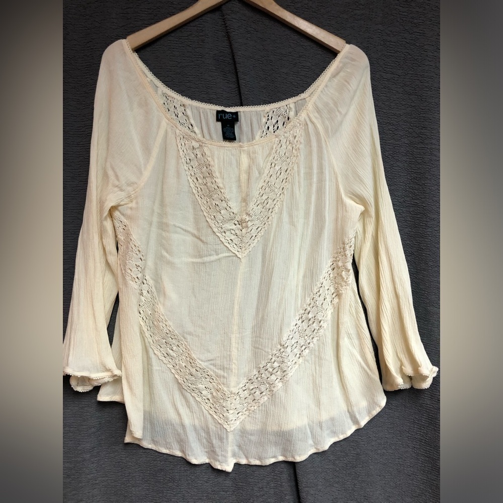 Rue + 1X cream top with elastic boat neck long sleeve with fluted ends